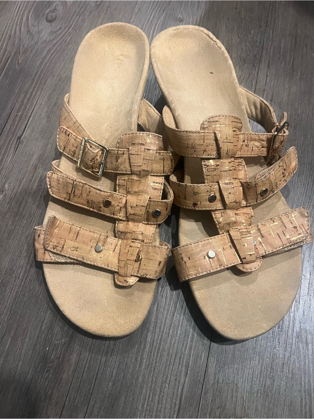 Vionic Cork-Style Triple Strap Slide Sandals in Natural Tan
